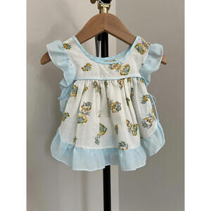 Vintage 70s Handmade Girl's Dress Topper | Blue Floral Ruffle Pinafore